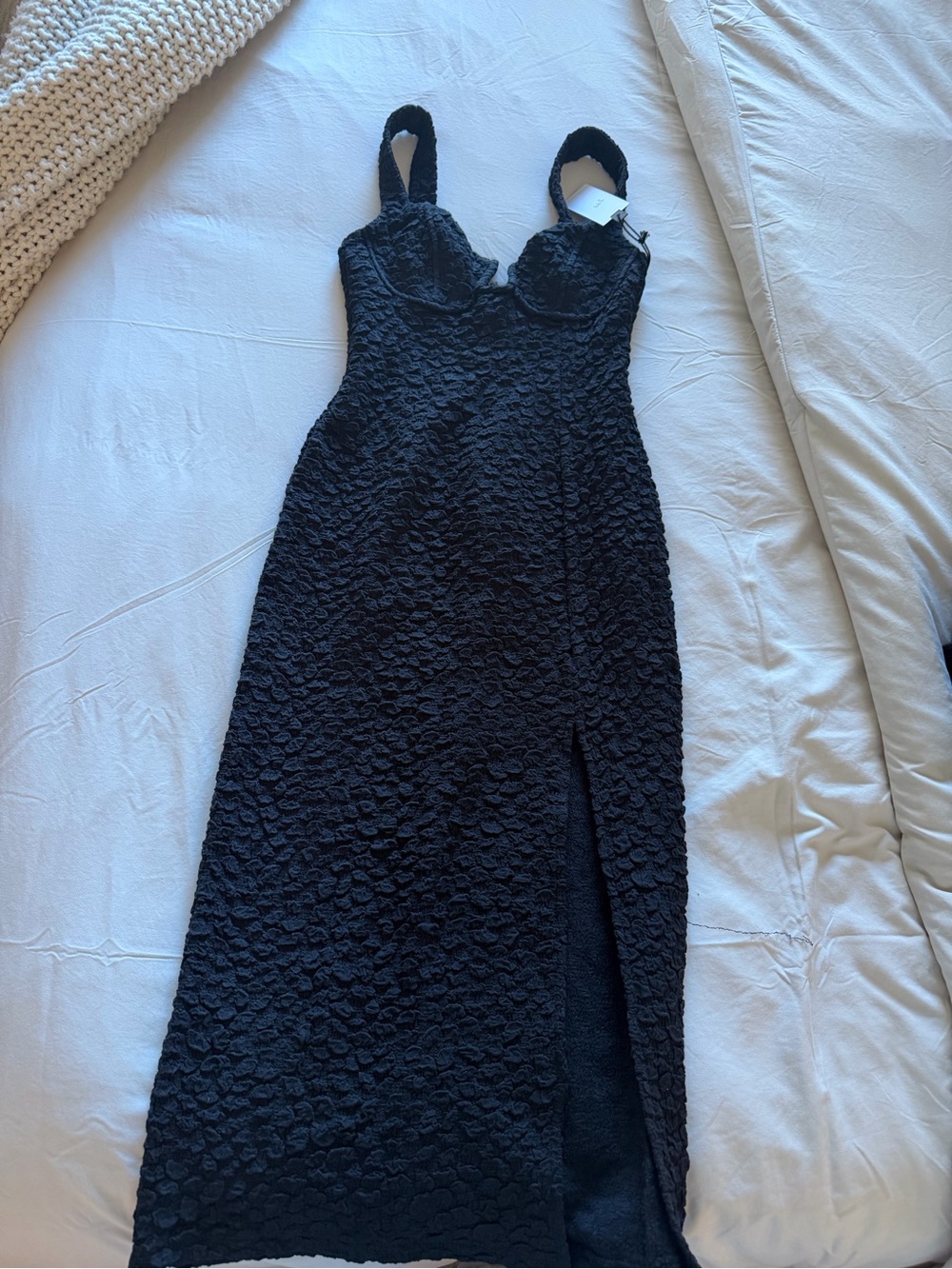 Astr Black Textured Midi Dress with Front Slit